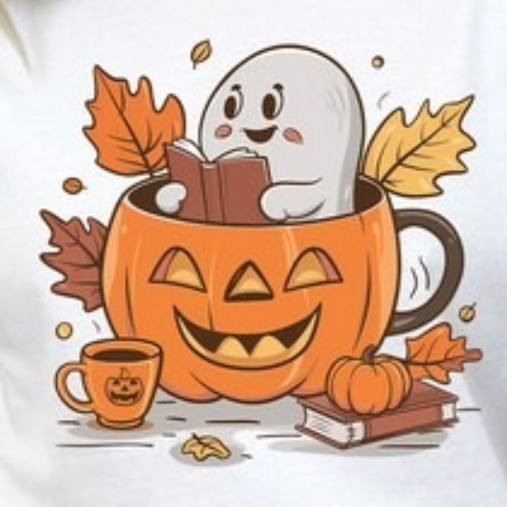 Bookish Ghost Pumpkin Cup Autumn Vibes T-Shirt, Halloween Ghost in Pumpkin Cup R - Picture 2 of 4
